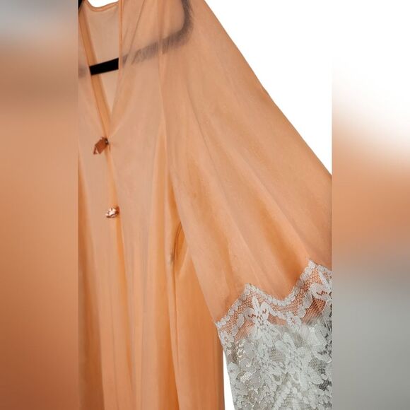 Vintage 60s 70s Robe Duster Flowy Glam BOHO Bell Sleeve Sheer Lace Coral Peach S - Picture 13 of 16